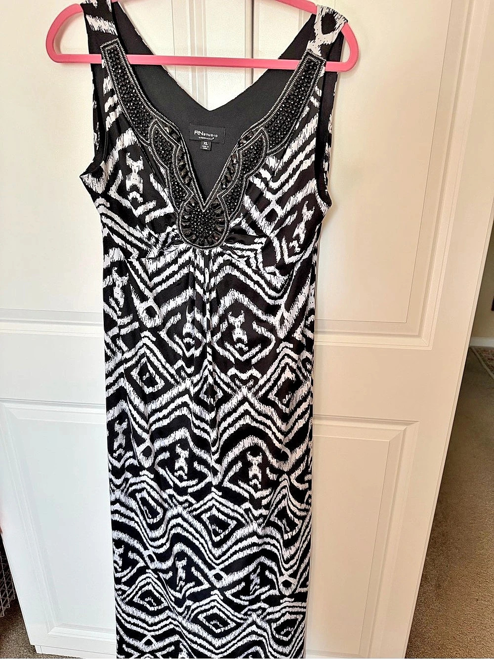 RN Studio Geometric Embellished Maxi Dress Black & White XL Like New